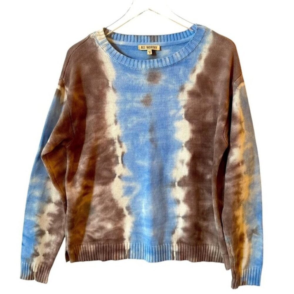 All Worthy | Women's Blue Tan Tie-Dye Crew Neck Sweater Size Medium